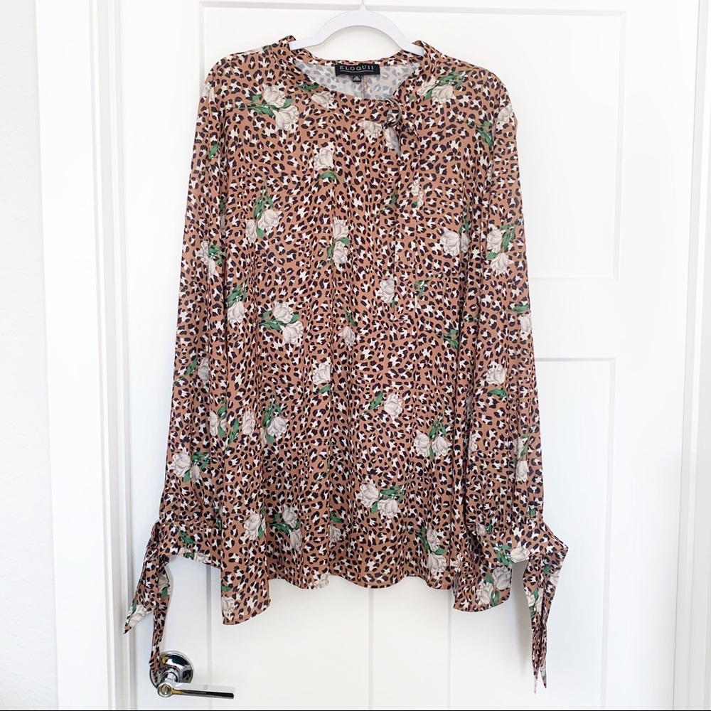 Eloquii Animal Cheetah Print Blouse D-Ring Neck